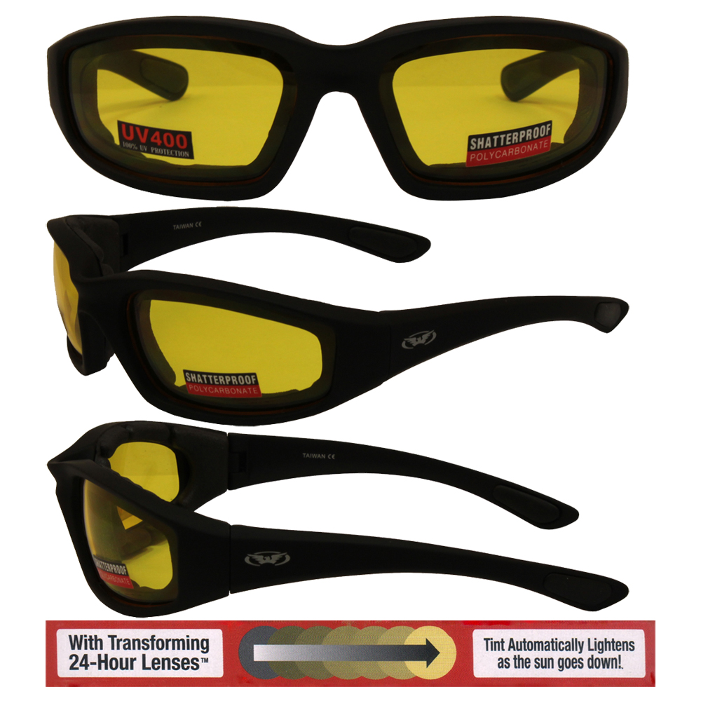 Kickback Padded Motorcycle Sunglasses TRANSITION PHOTOCHROMIC YELLOW  SMOKE LEN
